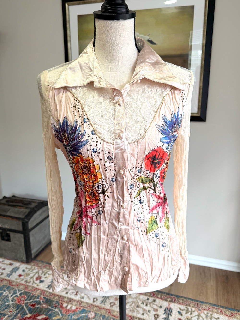 Alberto Makali Silk Blend Floral Lace Boho Button Blouse Top M